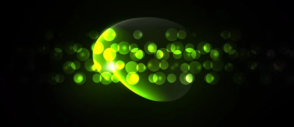 Bright green bubbles float, glow against dark background. Light creates dyn.. Иллюстрация