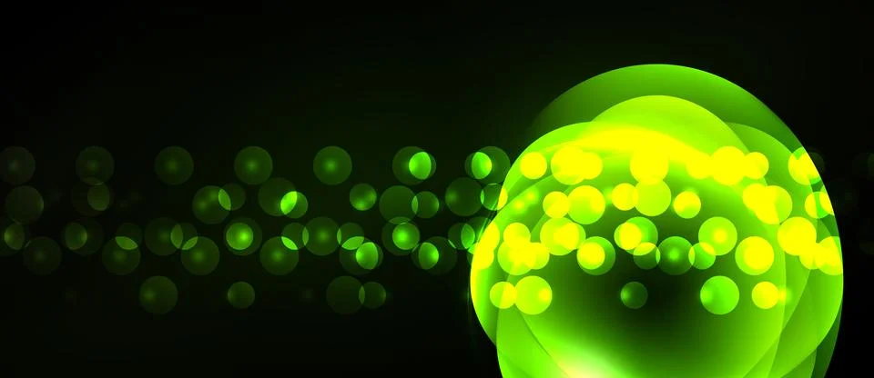 Bright green bubbles float, swirl, glow against dark background. Abstract d.. Stock Illustration