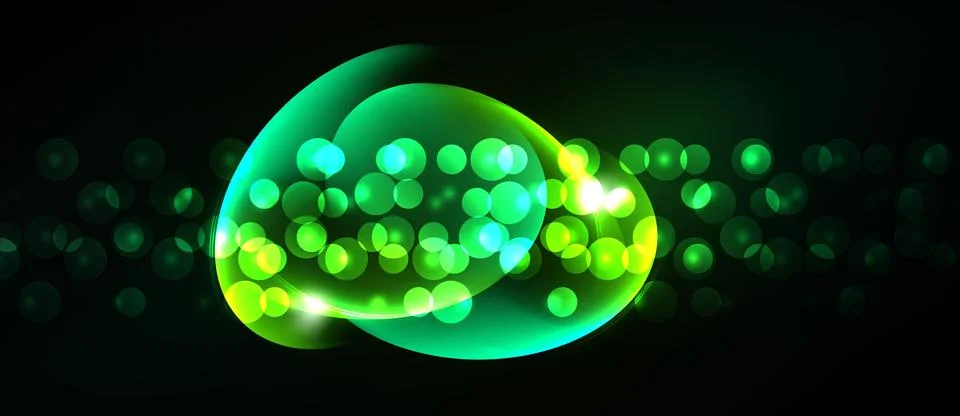 Bright green bubbles float, swirl against dark backdrop. Abstract design evok Stock Illustration