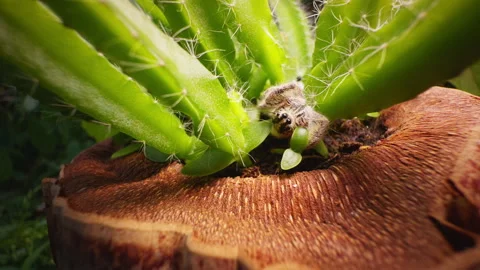 Bright Green Cactus Growing inside Half Coconut Shell with Hairy Stems and Stock Footage 320727458