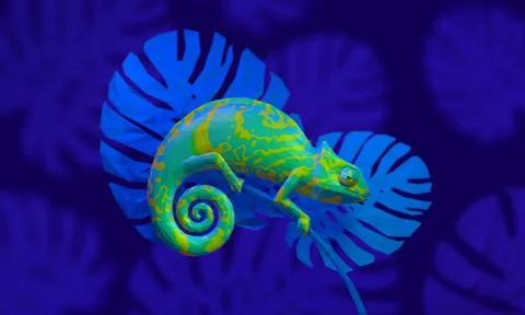 Bright green chameleon, 3d rendering. View side Stock Illustration