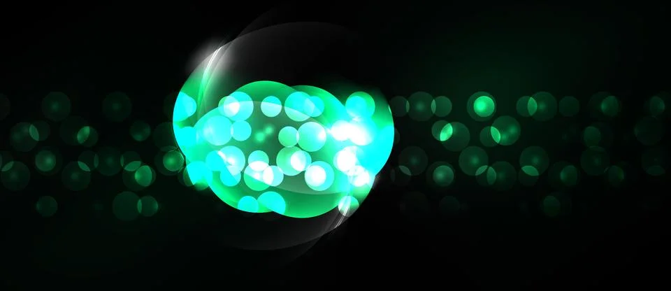 Bright green circles float against dark background. Light radiates from centr Stock Illustration