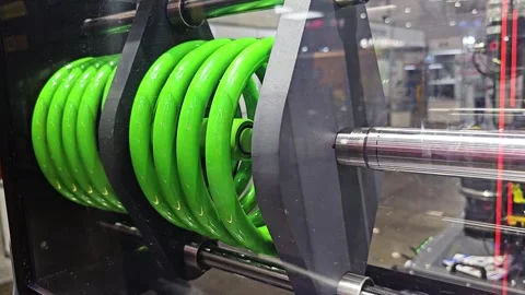Bright Green Coil Suspension Spring Undergoing Compression Testing on Industrial Stock Footage 336896865