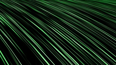 Bright green diagonal light trails flow seamlessly down a pitch-black space Vidéo 346139504