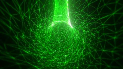 Bright green digital mesh spiraling inward, forming a glowing lattice vortex  Illustrazione stock