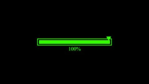 A bright green digital progress bar displaying 100 percent completion again.. 스톡 일러스트