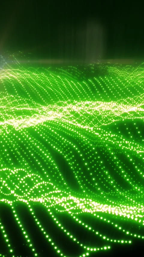 Bright green dotted waves form a flowing digital landscape of luminous data.. 库存影片 337908186