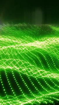 Bright green dotted waves form a flowing digital landscape of luminous data.. 스톡 일러스트