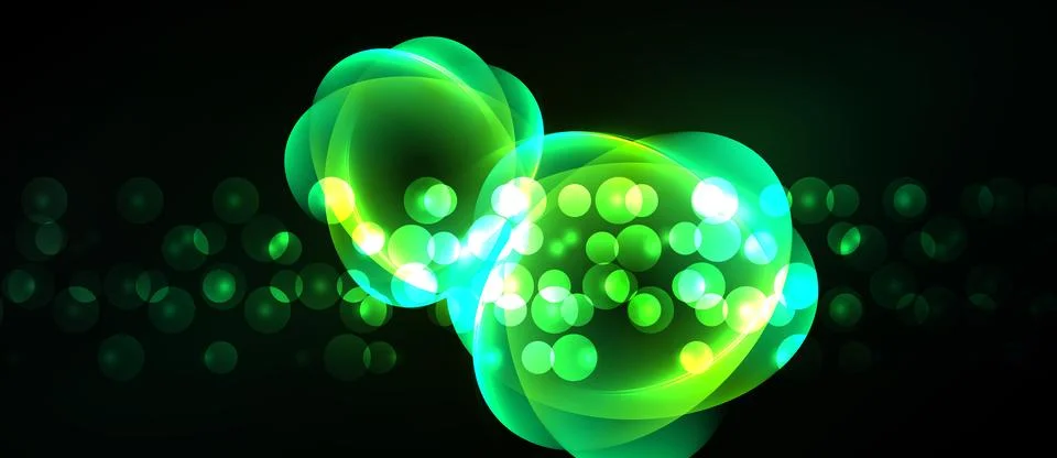 Bright green energy flows, bubbles radiate. Dark background emphasizes lumino Stock Illustration
