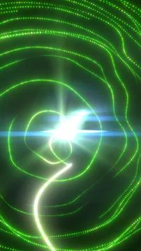 Bright green glowing orbit lines and dotted wave trails swirling around a w.. Stock Illustration