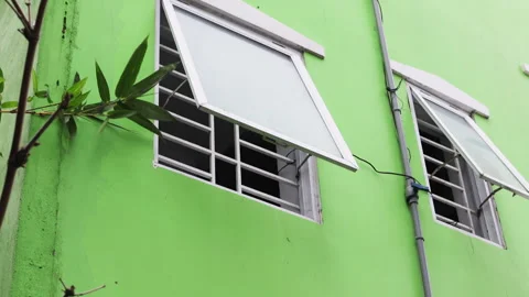 Bright green house with slightly open windows. Stock Footage 294666385