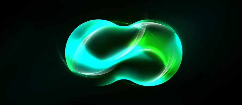 Bright green infinity symbol glows against black background. Smooth curves 库存插图