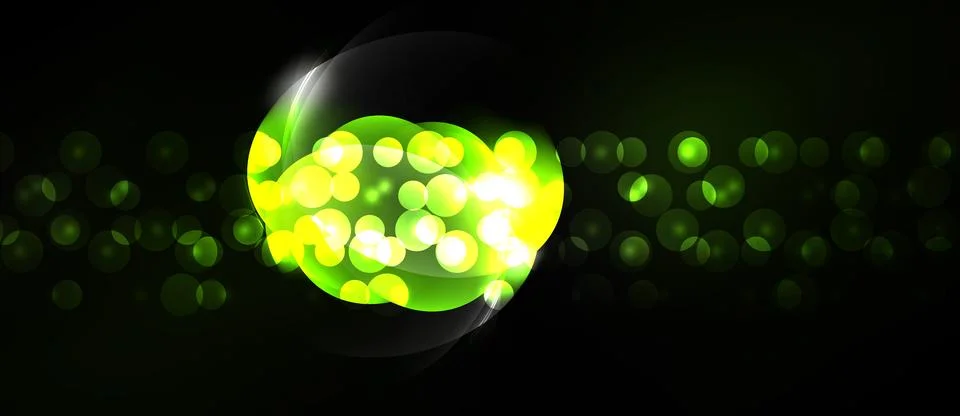 Bright green lights form sphere, scattered bubbles surround it. Dark backgrou Stock Illustration