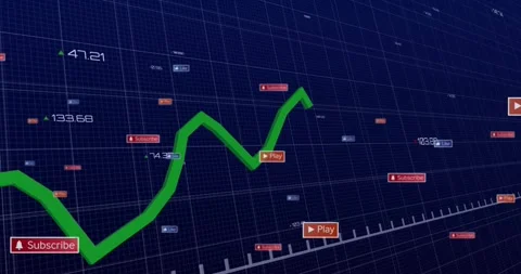 Bright green line graph emerging from corner, oscillating with red icons to show Vídeos de archivo 330172932