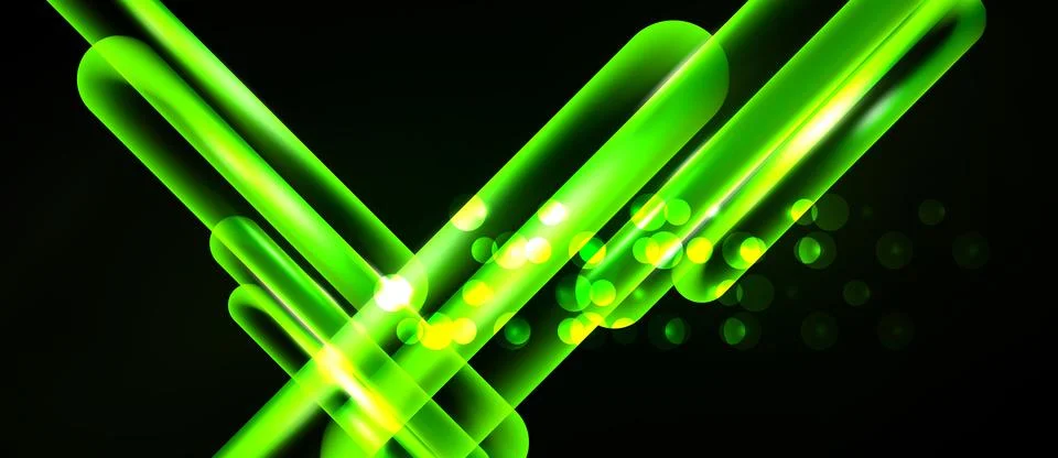 Bright green lines intersect, creating dynamic energy. Glowing orbs add depth Stock Illustration