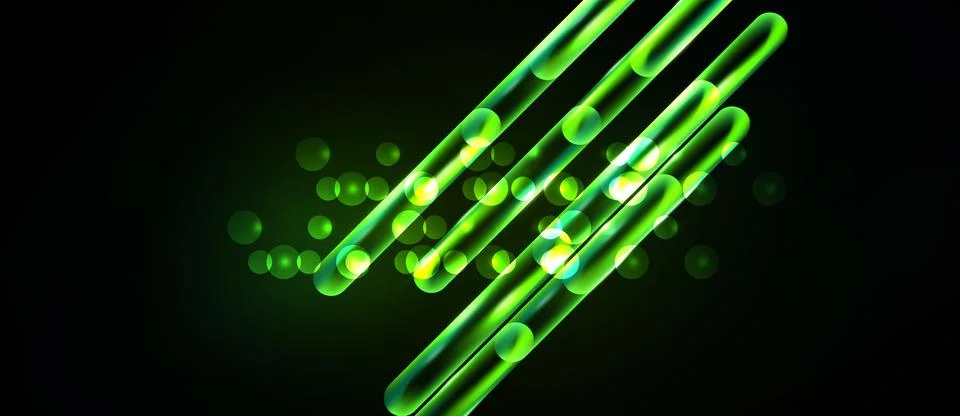 Bright green lines intersect with glowing circles against dark background. Stock Illustration