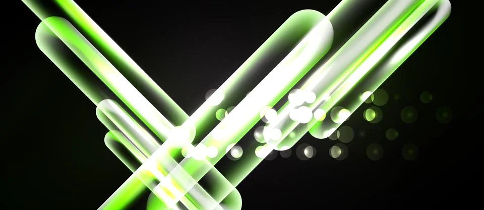 Bright green lines intersect over black background. Glowing orbs add depth, Stock Illustration