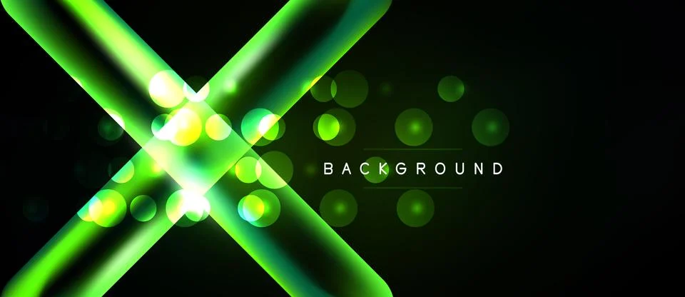 Bright green lines intersect over black background. Glowing orbs add dynamic 库存插图