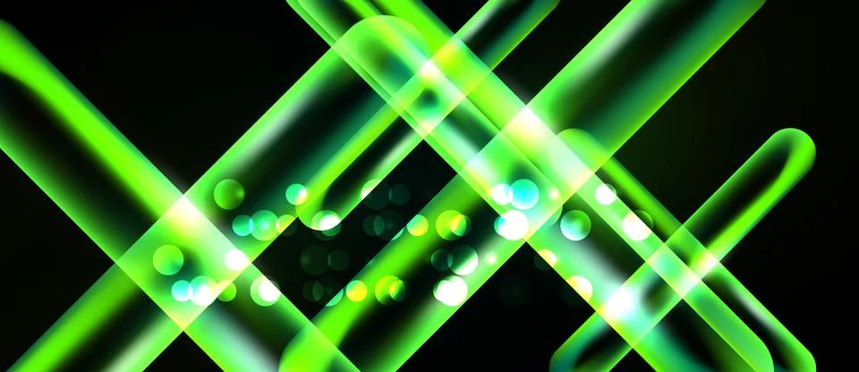 Bright green lines intersect over black background. Circles add luminosity, Stock Illustration
