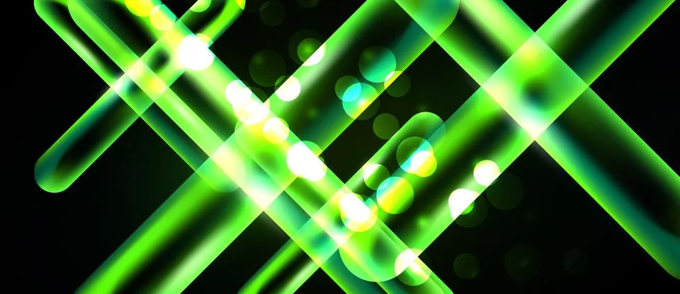 Bright green lines intersect over black background. Bokeh effects add visual Stock Illustration