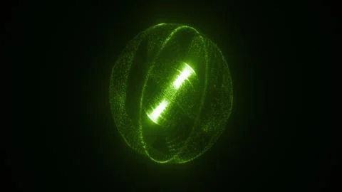 Bright green luminous sphere made of tiny particles forming digital glowing s Stock Illustration