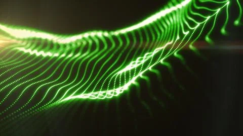Bright green luminous wave made of dotted lines on a dark background, sugge.. 스톡 일러스트