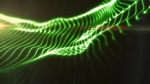 Bright green luminous wave made of dotted lines on a dark background, sugge.. 스톡 일러스트