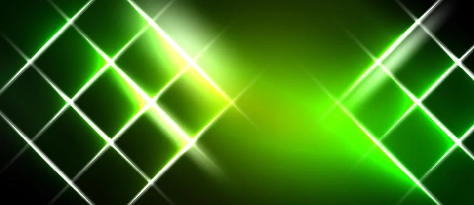 Bright green neon grid pattern over black background. Light radiates from c.. Stock Illustration