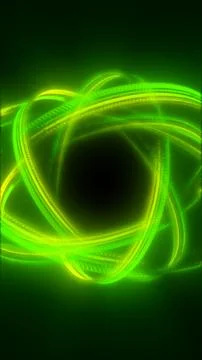Bright green neon orbit loops swirling around a dark core, creating an abstra Stock Illustration