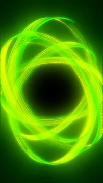 Bright green neon orbit loops swirling around a dark core, creating an abst.. Ilustración de archivo