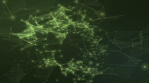 Bright green nodes and angular connecting lines form a loose circular arran.. Stock Illustration