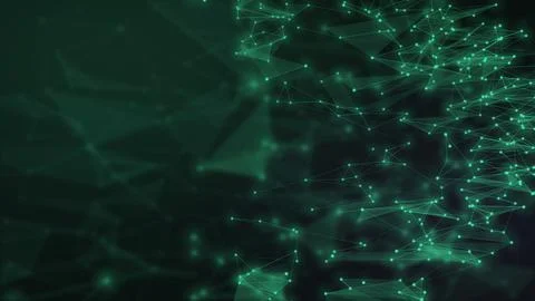 Bright green particles and connected geometric traces gather into a flowing.. Stock Illustration