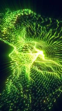 Bright green particles forming dynamic energy waves in a glowing digital ab.. 스톡 일러스트