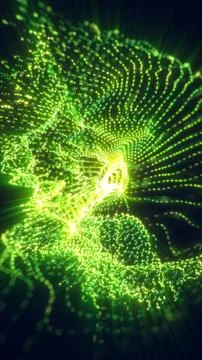 Bright green particles forming dynamic energy waves in a glowing digital ab.. Stockillustratie