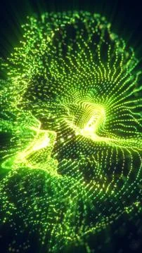 Bright green particles forming dynamic energy waves in a glowing digital ab.. 스톡 일러스트