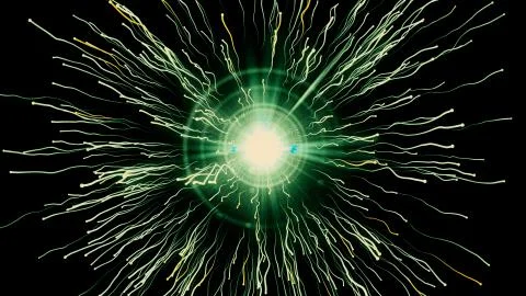 Bright green particles with streams collide and create explosion with trails Stockillustratie