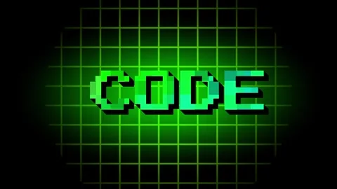 Bright Green Pixel Font CODE on Dark Glowing Grid Stock Footage 337390843