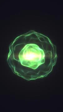 Bright green plasma orb with glowing core and fluid halo ring on dark backg.. Stock Illustration