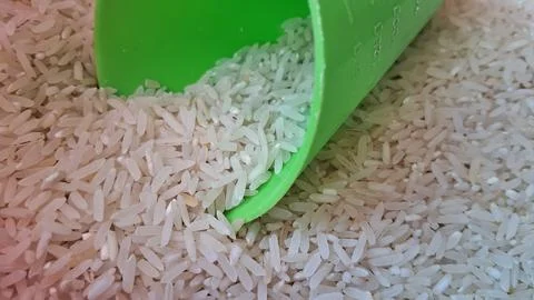 Bright green plastic measuring cup pouring white raw rice grains Stock Photos