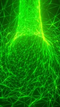 Bright green polygon network forms a futuristic wireframe structure with gl.. Stock Illustration