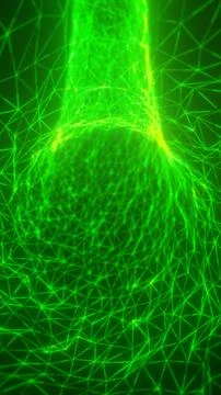 Bright green polygon network forms a futuristic wireframe structure with gl.. Stock Illustration