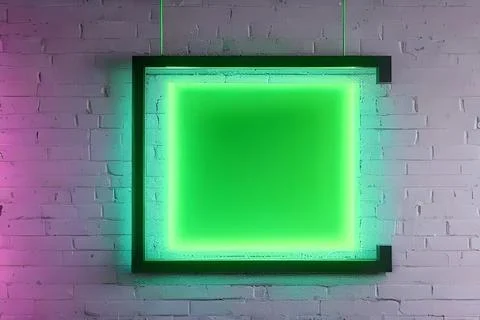 Bright green rectangle neon at the wall backdrop and brick background. Stock Photos