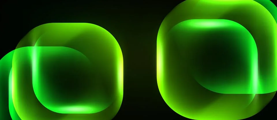 Bright green rounded squares overlap dark background. Neon glow creates layer イラスト素材