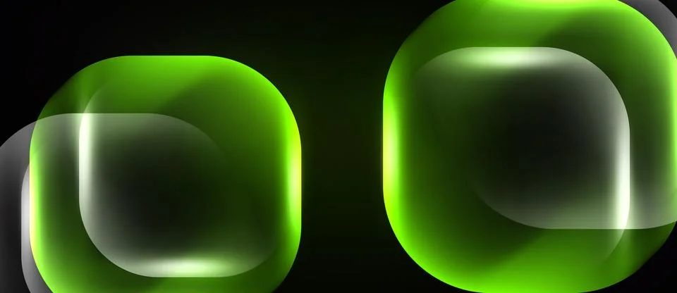 Bright green rounded squares overlap dark background. Glossy effect creates イラスト素材