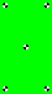 Bright green screen with five black and white tracking markers, one in the .. Stock Illustration