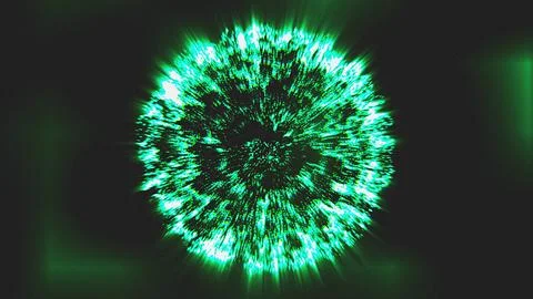 Bright green sphere exploding with light rays in dark space Stockillustratie