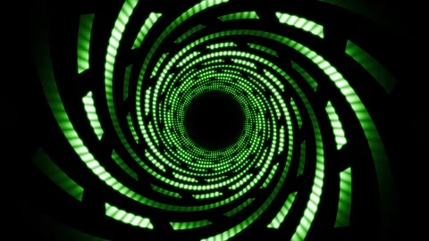 Bright green tunnel with concentric glowing swirl patterns and led screen pixels Stock Footage 344577383