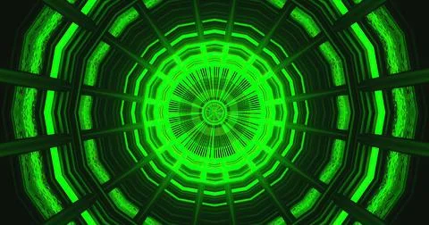 Bright green tunnel with glowing patterns seen from below Illustrazione stock