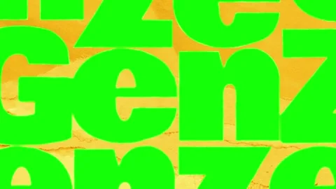 Bright green typography pattern moving on textured yellow background for modern Stockbeeldmateriaal 347760887