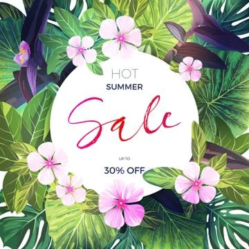Bright green vector tropical background with pink and purple flowers. Exotic Stock Illustration